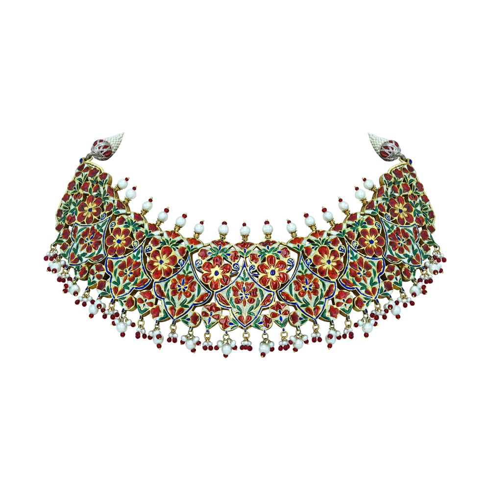 Polki Semi-Choker with Red Enamel and Pearl Beads